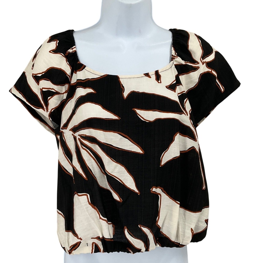 Melloday Blouse Womens XS Black Tropical Leaf Boho Coastal Square Neck Resort